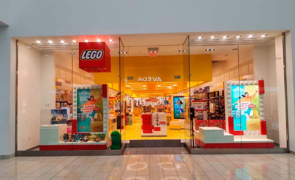 LEGO store in a US mall with window graphics installed by WRS